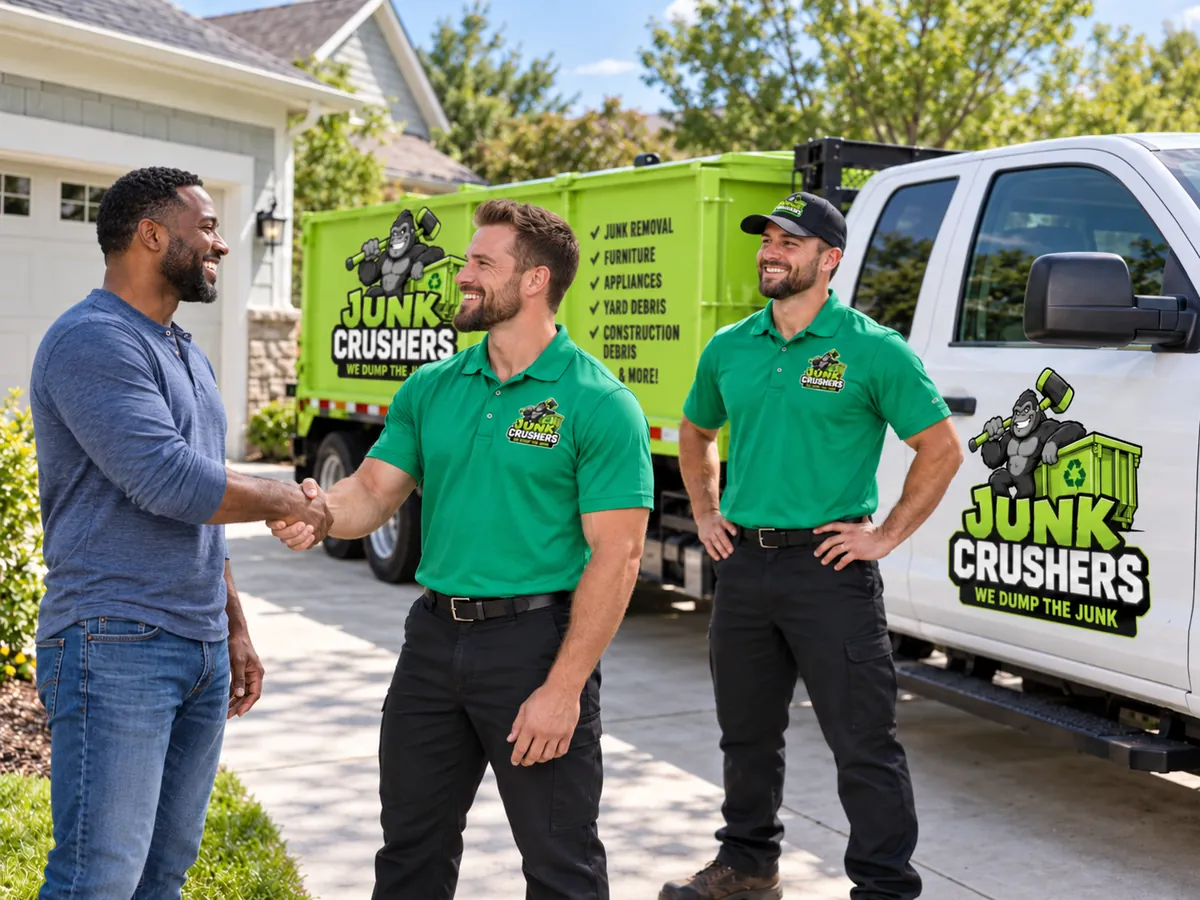 A Junk Crushers crew member shaking hands with a homeowner in a driveway beside a green dumpster truck