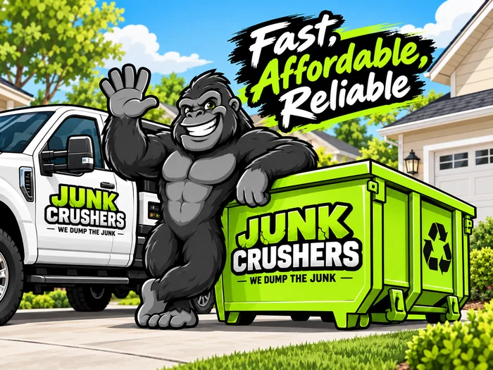 Crusher the gorilla mascot waving beside a Junk Crushers truck and green dumpster, with the words Fast, Affordable, Reliable