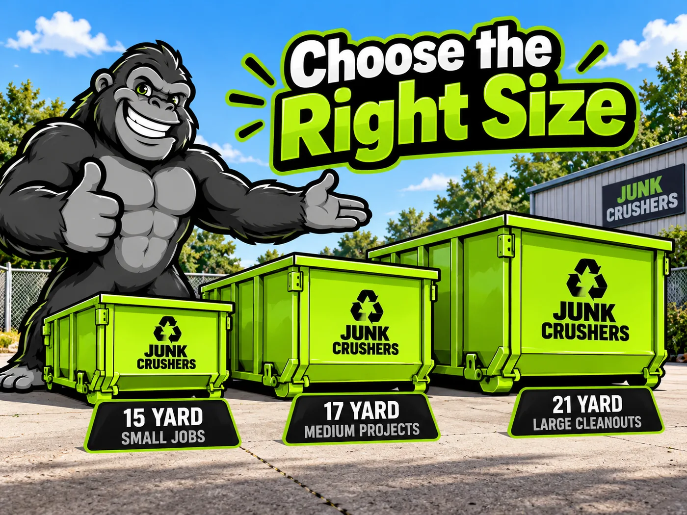 Crusher the gorilla mascot standing beside three green Junk Crushers roll-off dumpsters labeled 15 yard for small jobs, 17 yard for medium projects and 21 yard for large cleanouts