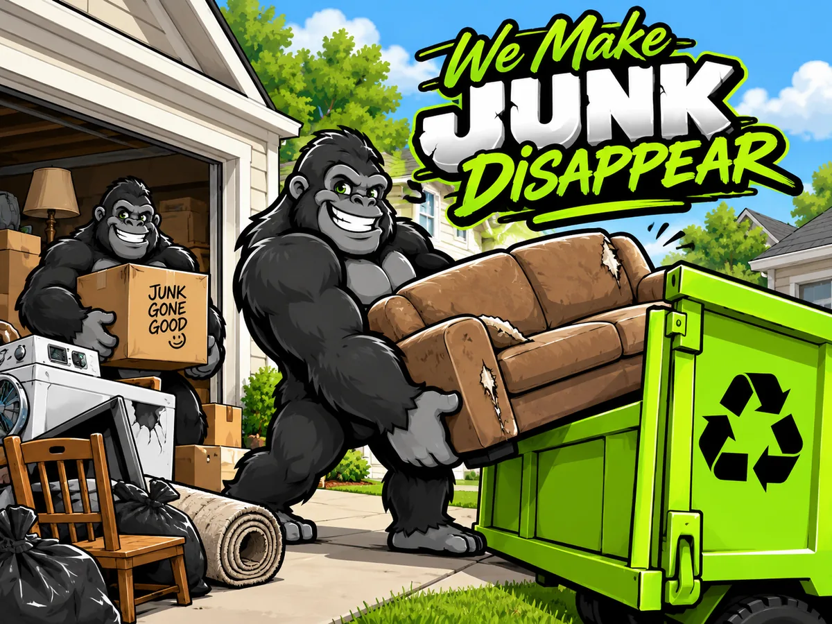 Two Crusher gorillas loading a worn sofa, boxes, a washing machine and bagged junk from a garage into a green Junk Crushers dumpster, under the words We Make Junk Disappear