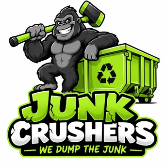 Junk Crushers logo: Crusher the gorilla holding a sledgehammer beside a green dumpster, above the slogan We Dump The Junk