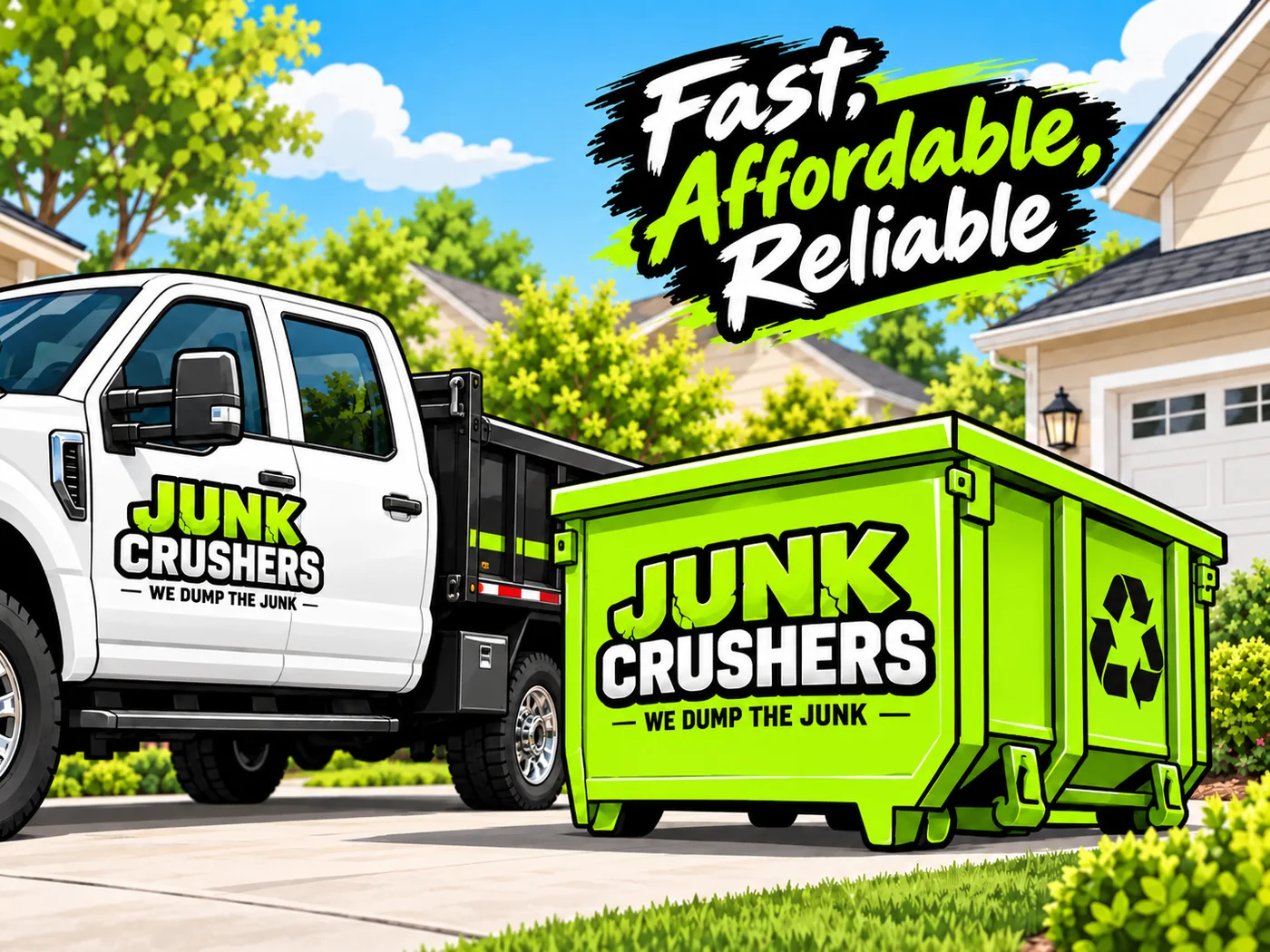 A white Junk Crushers dump truck and green roll-off dumpster parked in a residential driveway, under the words Fast, Affordable, Reliable